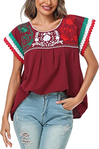 YZXDORWJ Women Mexican Embroidered Lace Traditional Colorful Blouse Tricolor Top Mexican Independence Day Shirt3