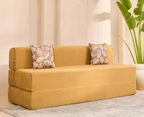 Image of uberlyfe Xtra High, Xtra Soft 3 Seater (6' x 6') Sofa Cum Bed | 1 Year Warranty| 17 inch Sofa Height |King Size Foldable Bed| Plush Laser Quilted Fabric| 2 Cushions Fall Leaf Pattern |Molten Caramel Color