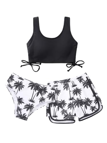 Image of Girl's 3 Piece Bikini Bathing Suit Printed Sport Swimsuits with Shorts Cove Up Sets Teen Girl's Swimwear