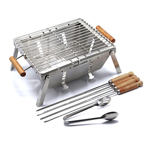 Image of Compact Portable Foldable Stainless Steel Tandoor Charcoal Barbeque BBQ Grill Set with 4 Skewers, Tongs, Bag, Charcoal Tray + Top Cooking Grate For Home Outdoor Garden | 32x28 cm