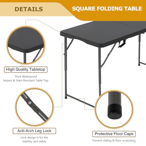 Image of FDW 4FT Folding Table Half Portable Foldable Table Picnic Table for Office Home Camping Party (Black, 4 FT)