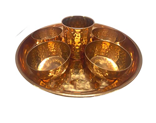 Bona Fide Copper Dinner Plate Set 9 Pieces Copper Traditional Dinner Set Of Thali Plate, Bowls, Glass And Spoon Diameter 12 Inch Full Copper #TOP1
