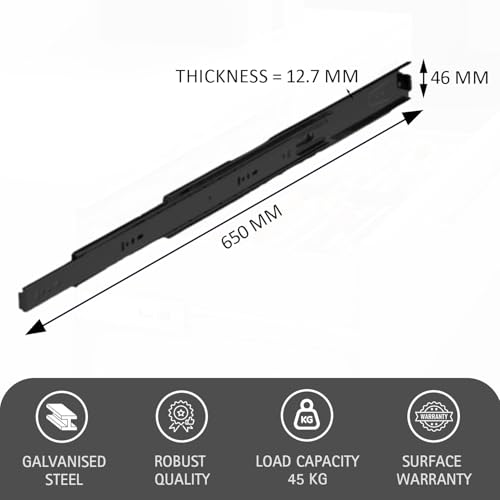 Image of Hettich Telescopic Ball Bearing Channel KA 5632 /650mm | Black Finish Drawer Channel for Home, Kitchen & Wardrobe | Load Bearing Capacity 45 kg | 100% Extension, Galvanised Steel (2 Pcs)