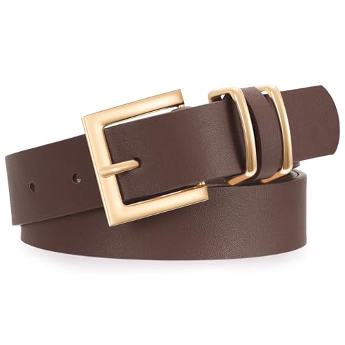 XZQTIVE Women Leather Belt with Square Gold Buckle Fashion Ladies Waist Belt for Jeans Pants Dresses