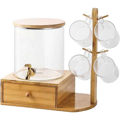ZQDUFEA Regalo Dispensador de Bebidas de 5 litros con Grifo a Prueba de Fugas, Juego de hervidor con Tazas de 450 ml*4, Jarra de Jugo, portavasos de Madera, infusor de Frutas Jarra de té Helado