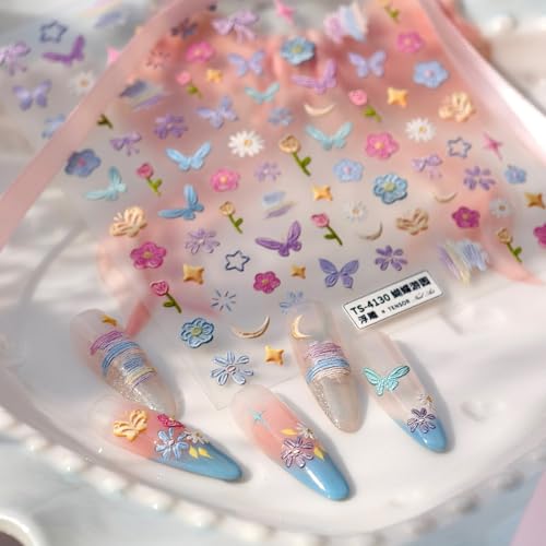 Image of Flower Nail Stickers Decals Colorful Nail Stickers for Nails Art Butterfly with Design 5D Embossed Self Adhesive Nails Charms for Women Manicure DIY Decoration Accessories