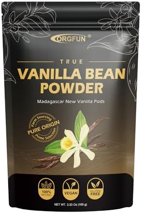 ORGFUN Vanilla Bean Powder 3.53 Oz, Native Ground Madagascar Vanilla Powder Pure Natural No Fillers or Additives Great for Baking, Desserts, Coffee Vegan Gluten Free 100G