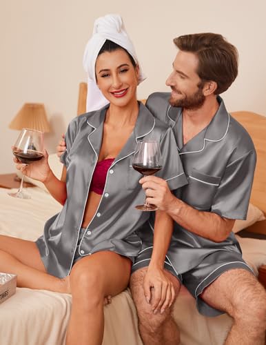Image of Ekouaer Couple Matching Pajamas Sets Silk Short Sleeve Button Down Sleepwear Satin Pjs Shorts Set Soft Loungewear S-XXL