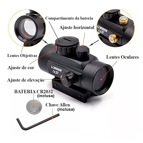 Mira Holográfica Lorben Dot Vermelho e Verde Luneta 1x30 Trilhos 11/22mm Airsoft Paintball