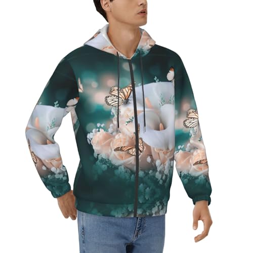 Sweat à capuche homme imprimé floral papillon à manches longues et cordon