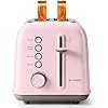 BUYDEEM DT620 2-Slice Toaster, 7 Shade Settings, Extra Wide 1.5 Slots for Bagel & English Muffin, 6 Toasting Functions, Retro Stainless Steel Toaster with High Lift Lever, Pink