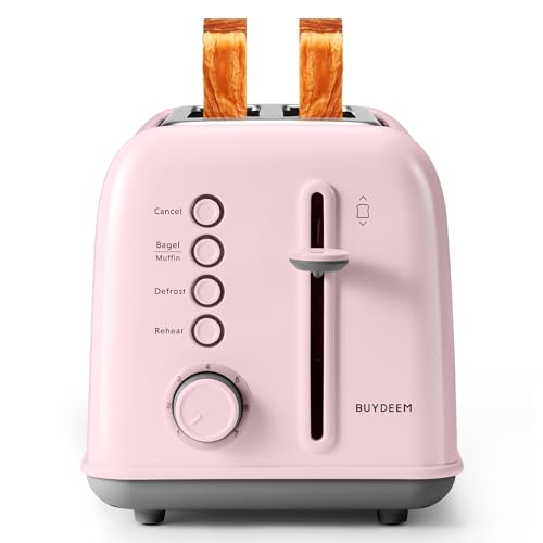 Image of BUYDEEM DT620 2-Slice Toaster, Extra Wide Slots, Retro Stainless Steel with High Lift Lever, Bagel and Muffin Function, Removal Crumb Tray, 7-Shade Settings,Pink