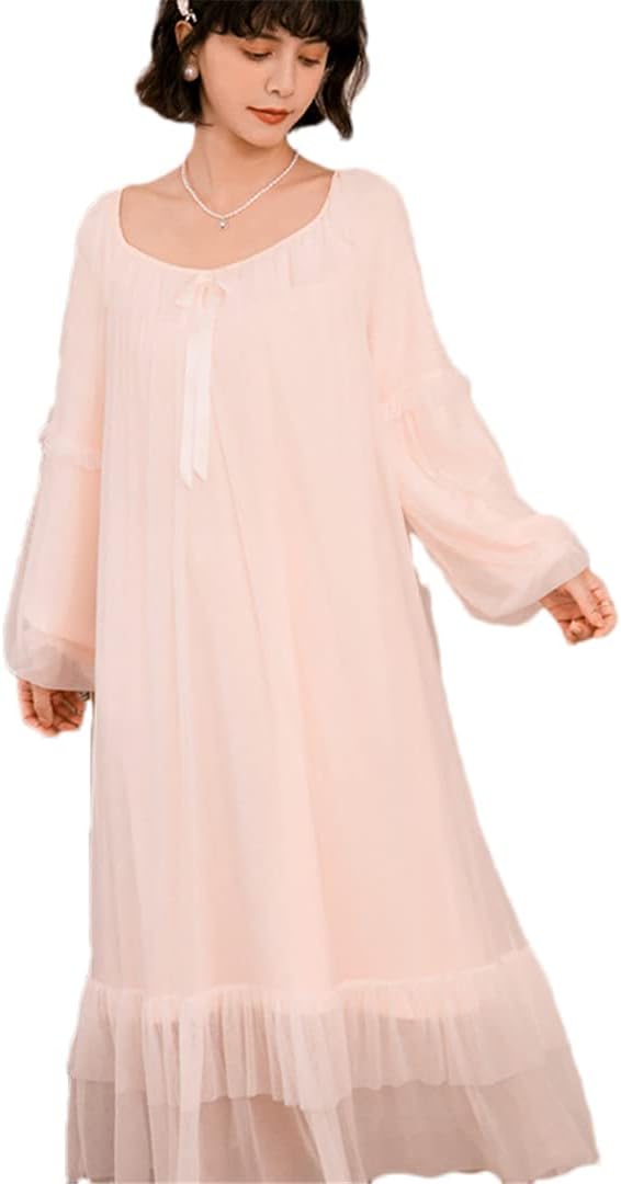 Women Mesh Lace Night Dress Vintage Long Robe Sleepwear