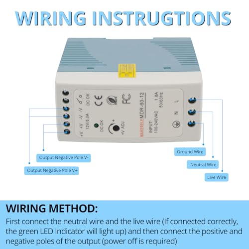 MAKERELE MDR 12V DIN Rail Power Supply 60W, Power Switching Converter AC 100V-240V to DC 12V with Overload Protection for Industrial3