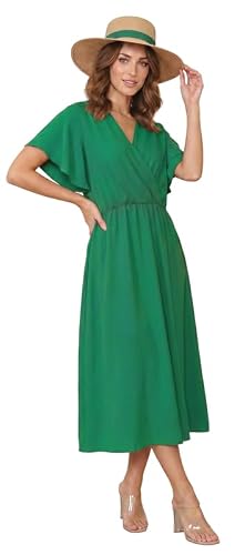 Image of Mustwearit Dresses for Women UK Elegant Plus Size Wrap Over Summer Party Wear Maxi Dress V Neck Italian Frill Short Sleeves Womens Ladies Dress Green