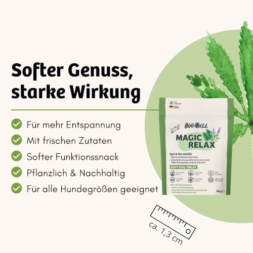 BugBell Softer Hundeleckerli zur Entspannung 60g, bei Angst & Stress, Hypoallergen & Pflanzlich, mit Hanf, Spinat, Fenchel, Kamille