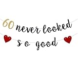 QFiesy 60 Never Looked So Good Banner,Black Paper Glitter Party Decorations for 60th/Fabulous/Anniversary and Birthday Party Decorations Pre-Strung