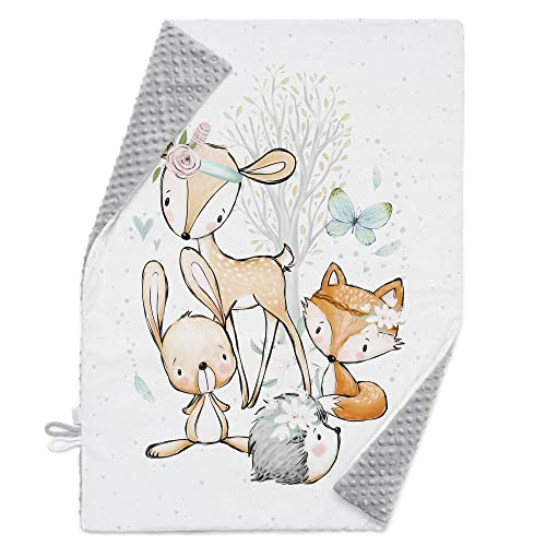 ELIMELI Babydecke Kuscheldecke Krabbeldecke Premium Babybettwäsche Baumwolle und Minky Polar Fleece mit Füllung 75x100 (Grau - Wald Familie) Cover