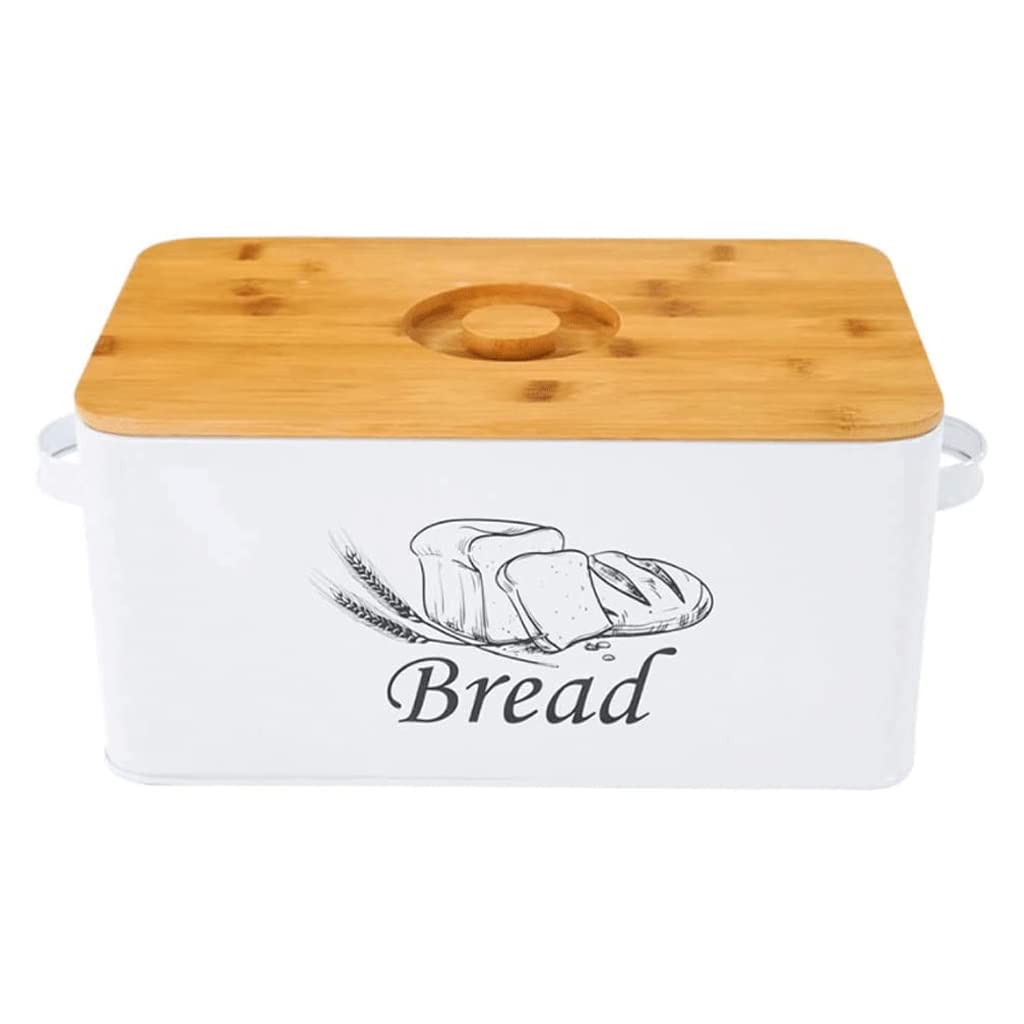 Caja de Pan Creativa para encimeras, panera de Almacenamiento de Pan de Gran Capacidad de Metal con asa y Soporte para Pan con Tapa de Madera (Blanco)