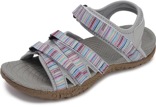 WHITIN Women's Hiking Sandals with Arch Support Walking Size 9 Cushion Sport Adjustable Hooks Resistant Outdoor Waterproof GreyMulti 39