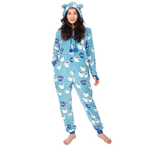Munki Munki Ladies Hooded Fleece Onesie With Pockets, One-Piece Pajama (M, Aqua Blue/Cocoa Cups) #TOP1