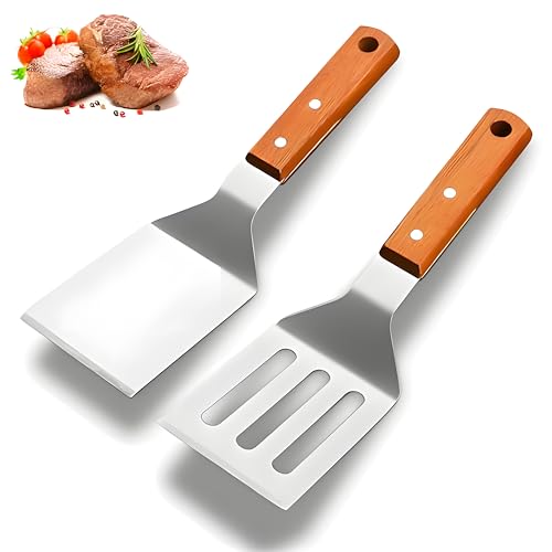Spatulas for Cooking,Spatula,Stainless Steel Spatula Set, 2 Piece Barbecue Cutlery Set, Smooth and Perforated spatulas with Wooden Handles for teppanyaki, Burgers, Steak, Pizza, Baking Tray