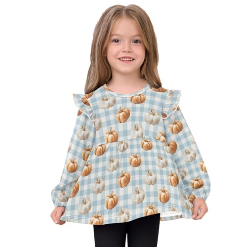 Pumpkin Light Blue Check Girls Shirts Cotton Long Sleeve Ruffle Toddler Tee Tops3