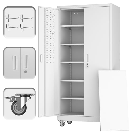 Image of Metal Storage Cabinet with Wheels and Pegboard,71 inch H x 32 inch W x 16 inch D Garage Storage Cabinet with 2 Doors and 5 Adjustable Shelves for Garage, Home, Warehouse, Closet, Assembly Required, White