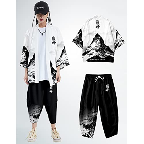 WYUKN Ensemble de Kimono Traditionnel,Cardigan Kimono Japonais pour - Veste d'impression Mode/Grande Taille Pantalon Sarouel Costume/Pyjama Ample Peignoir,F3-5XL Cover