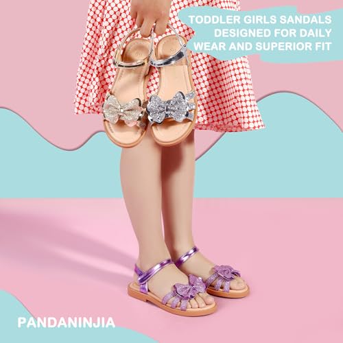 Image of PANDANINJIA Girls Sandals, Open Toe Cute Bow Princess Girls Flats, Sparkly Summer Dress Shoes Sandals for Toddler /Little Kid /Big Kid