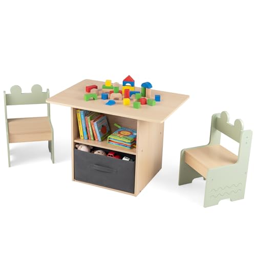COSTWAY Juego de Mesa y Sillas Infantiles, Mesa de Actividad con 2 Sillas, Cajones de Tela Plegables, Compartimentos de Almacenamiento, Juego de Muebles para para Niños de 3+ Años (Verde)