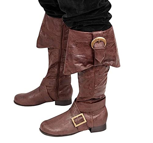 Bnjghcug Viking Pirate Soldat Chevalier PU Bottes en Cuir - Botte Vintage Médiévale pour Hommes Adultes - Cosplay Halloween Hommes Femmes Mode Boucle Chaussures Botte,Marron,41 Cover