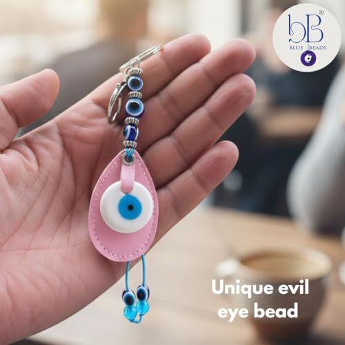 Image of BLUE BEADS Original Blue and White Evil Eye Stone With Pink colour Leather Keychain For Bike /Car Gifting With Key Ring (Pack of 1)