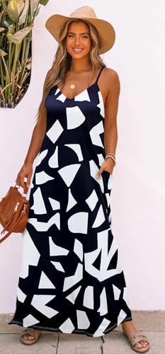 Image of Bluetime Women Summer Spaghetti Strap Maxi Dress V-Neck Sleeveless Flowy Boho Floral Beach Long Dress with Pockets
