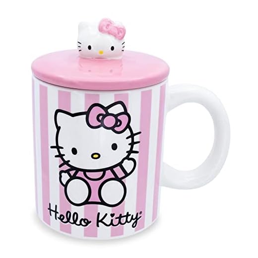 Toynk Sanrio Hello Kitty - Taza de cerámica con tapa, diseño de rayas rosas, taza de café grande para té, espresso, cacao, capacidad para 18 onzas