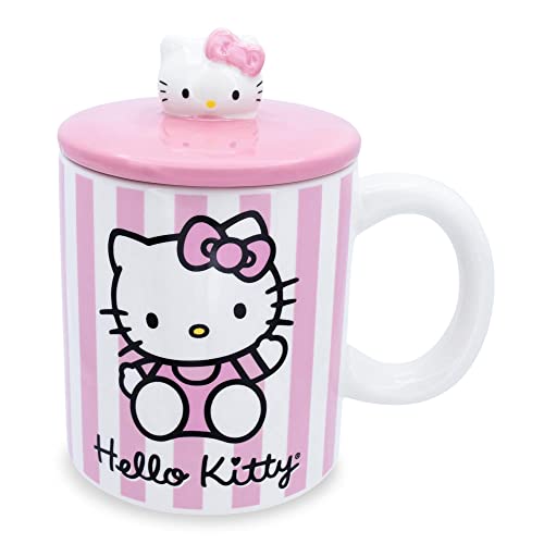 Toynk Sanrio Hello Kitty Pink Stripes Ceramic Mug with Lid