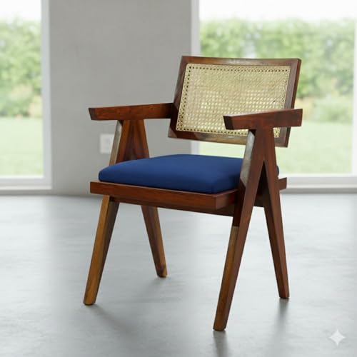 Image of Premium Sheesham Wood Arm Chair with Cushion || Wooden Chairs for Living Room || Armrest Chair Garden Outdoor & Indoor Chairs Office, Study || Cane Chair for Balcony || Honey Finish