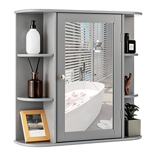 Image of Multigot Bathroom Mirror Cabinet, Wall-Mounted Storage Cupboard with Adjustable Shelves, Single Door Organizer Unit for Living Room and Bedroom (Grey, 65 x 17 x 64 cm)