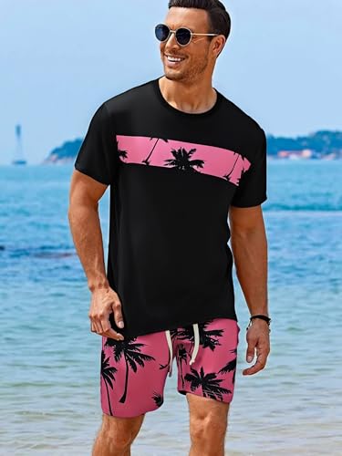 Mens Tropical Print Pocket T-shirt and Shorts Set Summer Beach Casual Wear2