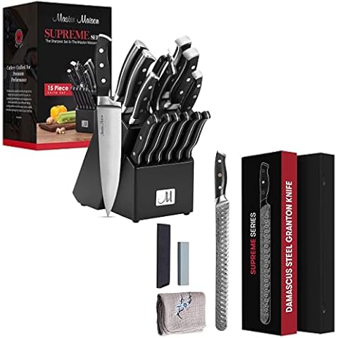 Master Maison Premium 15-Piece Kitchen Knife Set With Wooden Storage Block And Damascus Steel Granton Edge Carving Knife Set With Edge Guard Cover & Gift Box | German & Japanese Stainless Steel, Black Cover