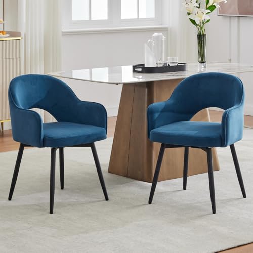 chairus Lot de 2 Chaises de Salle à Manger en Velours Moderne Fauteuil Rembourrée Chaise Pivotante à 360° pour Bureau Salon (Bleu-2 (Velours))