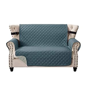 Home Beyond & HB design – Quilted Sofa Cover Slipcover Protector – Reversible Couch Cover Furniture Protector with Non-Slip Adjustable Elastic Strap for Pets Kids Dog Cat (Loveseat-2 Seater, Blue/Beige)