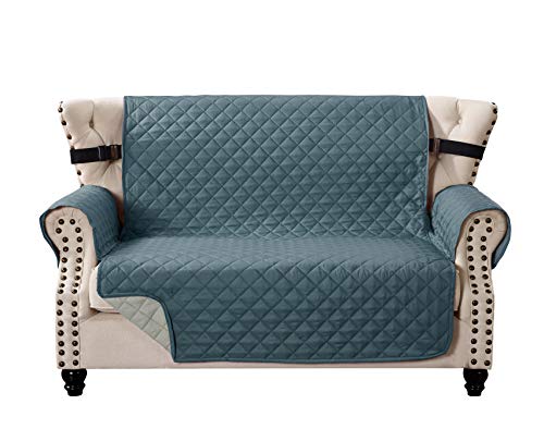 Home Beyond & HB design - Quilted Sofa Cover Slipcover Protector - Reversible Couch Cover Furniture Protector with Non-Slip Adjustable Elastic Strap for Pets Kids Dog Cat (Loveseat-2 Seater, Blue/Beige)