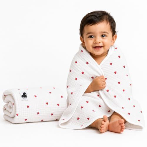 Image of 100% Cotton Muslin Baby Bath Towel, 110 x 55 cm, Crinkle Muslin, 0-3 Years, Heart