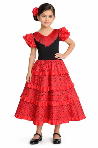 La Mejor Lista de Ropa Española más recomendados. 18 Vestido de flamenco para niña con volantes en la falda con detalle de volantes y lunares en la falda. Disfraces de folclórico español, andaluz, flamenco, (rojo - rojo, 10)