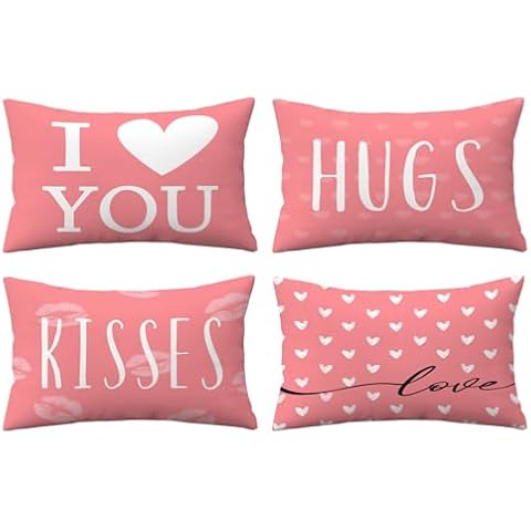 YeeJu Happy Valentines Day Pillow Covers 12x20 Set of 4 Pink Love Heart Kisses Hugs Throw Pillow Covers Velvet Wedding Anniversary Cushion Covers Pillow Cases for Outdoor Couch Sofa Decoration(12X20) Cover