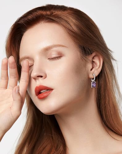 Cushion Princess Emerald Cut Hoop Earrings Women - 10x8mm Solid Sterling Silver 18K White Gold Plated Dangle Drop Leverback Birthstone Jewelry 5