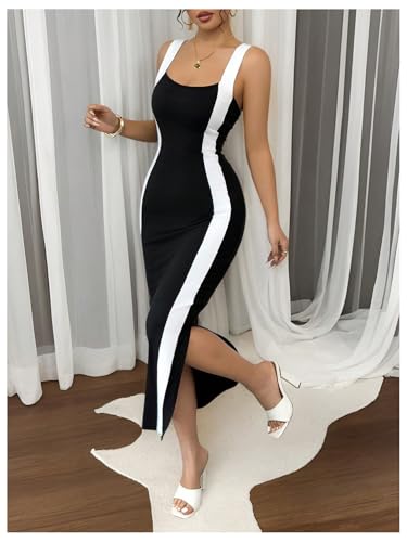SOLY HUX Women's Bodycon Midi Dress Color Block Scoop Neck Sleeveless Split Hem Elegant Tank Dresses3