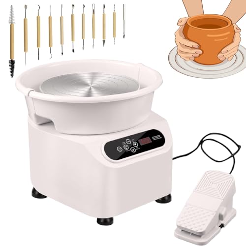 Electric Pottery Wheel with Direct Drive Motor, LCD Touch Screen, Adjustable Foot Pedal for Ceramic Art and Clay Sculpting (White 220V)