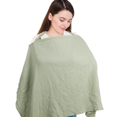 LALIFIT Muslin Nursing Covers for Baby Breastfeeding, Adjustable Privacy Nursing Apron, Extra Large 100% Cotton Breastfeeding Cover with Rigid Hoop Multi-use Carseat Canopy (Roman Green)